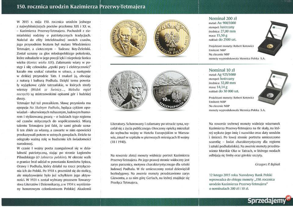 Prospekt emisyjny 10 i 200 Przerwa Tetmajer 2015 Numizmatyka Łódź