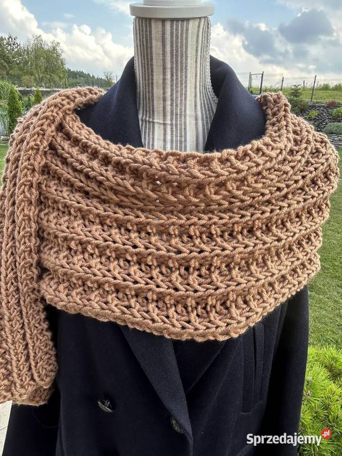 Szal złotobrązowy wzór francuski handmade nowy Olsztyn