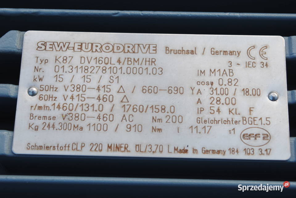 Motoreduktor kątowy 15kw 131obrmin z hamulcem Kargowa sprzedam