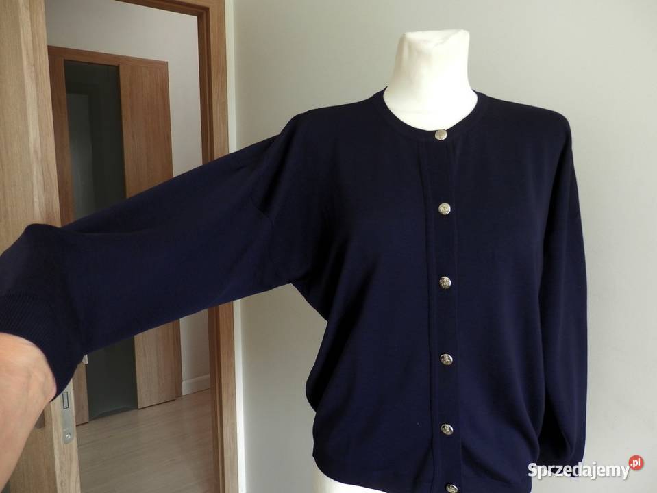 Sweter Kardigan Wełniany 100 Wełna Granatowy Łomża