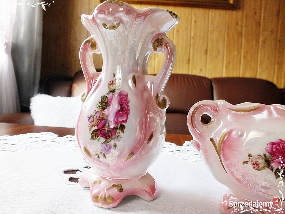 Stary porcelanowy komplet różowy kwiaty Śliczny Porcelana i szkło Żary