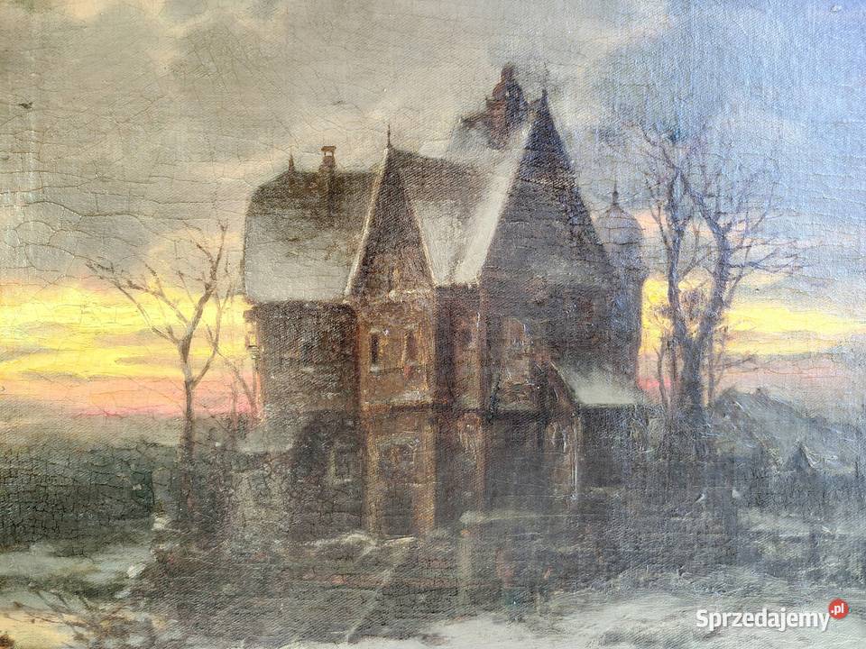 Stary obraz olejny Zima lodowisko pomorskie Kartuzy