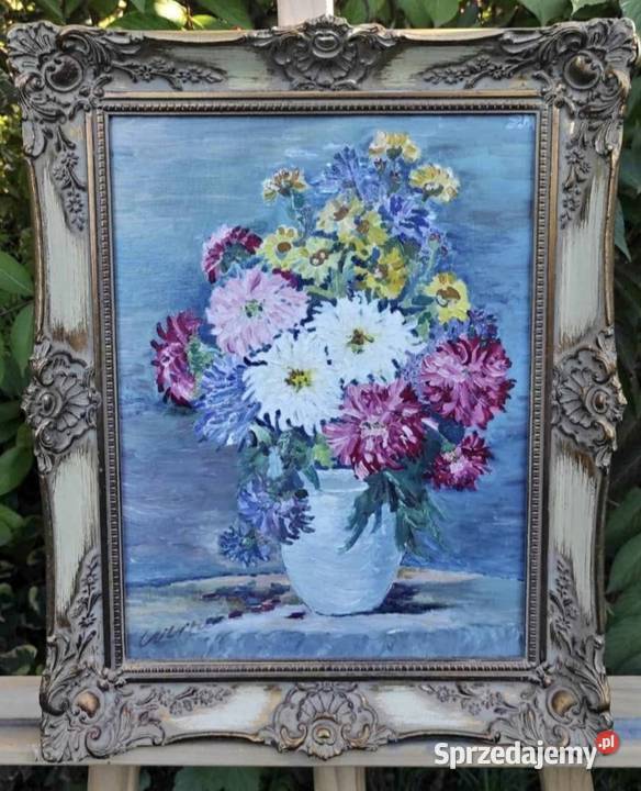 Obraz olejny kwiaty w wazonieżywe kolory