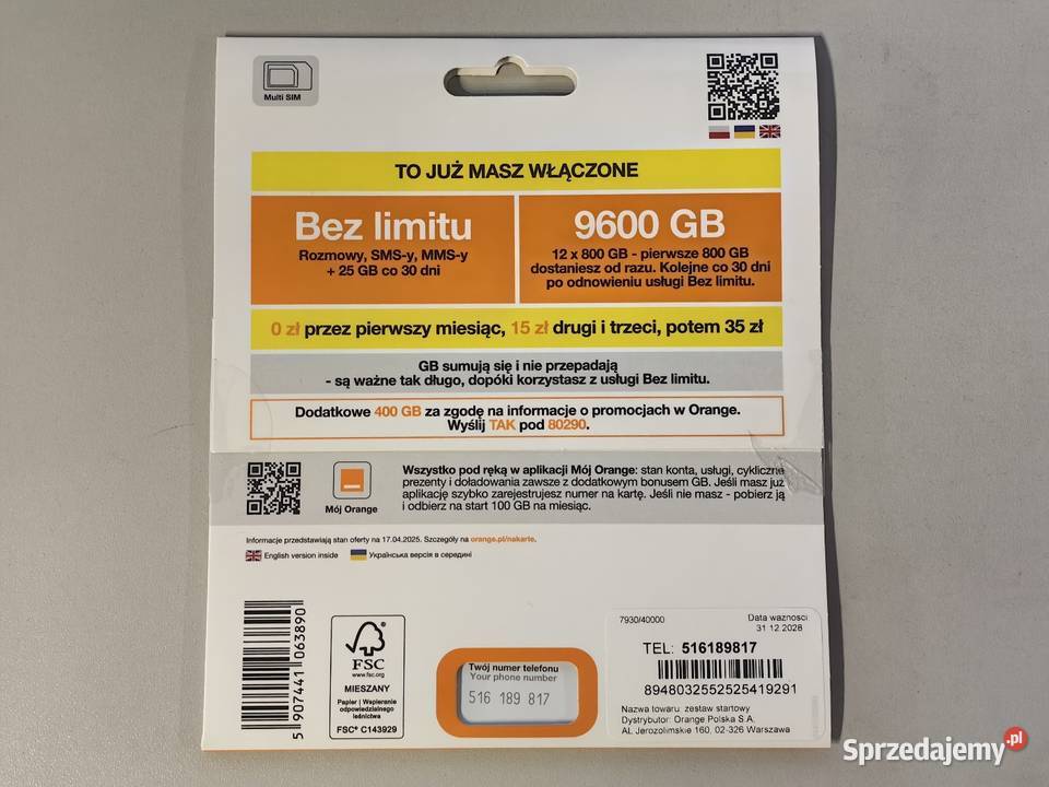 Starter Sim Orange 9600 GB nowy DPD Inczew