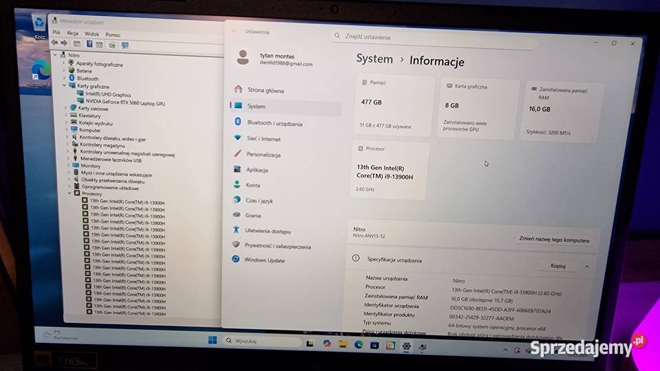 Laptop gamingowy Acer Nitro V i9 13900H 16GB Kietlów sprzedam