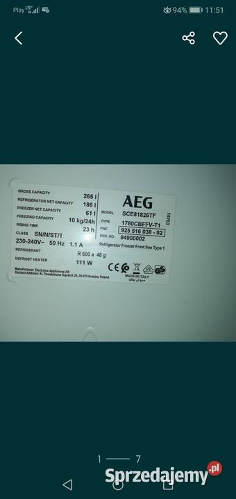 Chłodziarko zamrażarka AEG SCE81826TF do zabudowy Pionki sprzedam