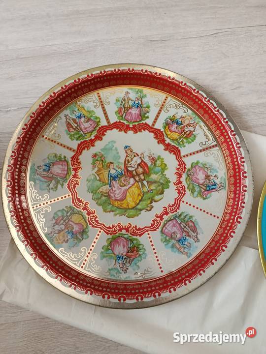 Cztery blaszki tace malowane z PRL zestaw Choszczno