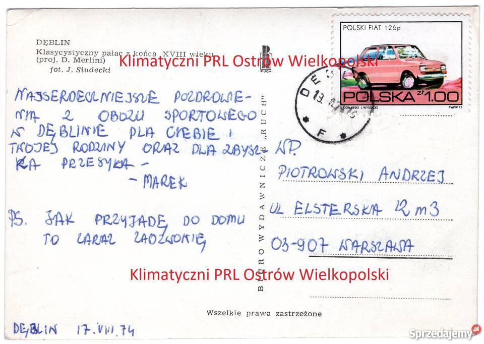 Dęblin pałac Pocztówka znaczek Fiat 126p 1974 Pocztówki i karty telefoniczne Bielsko-Biała sprzedam