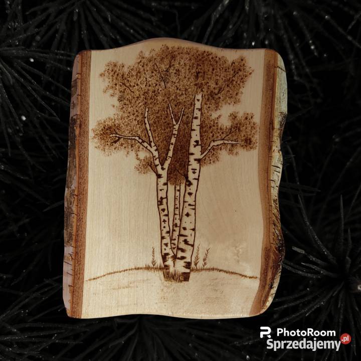 Mały OBRAZ RĘCZNIE WYPALANY na drewnie "Brzozy" - pirografia