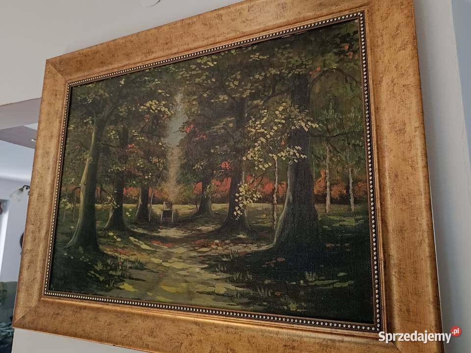Stary obraz olejny na płótnie Droga park Obrazki i obrazy Lipno