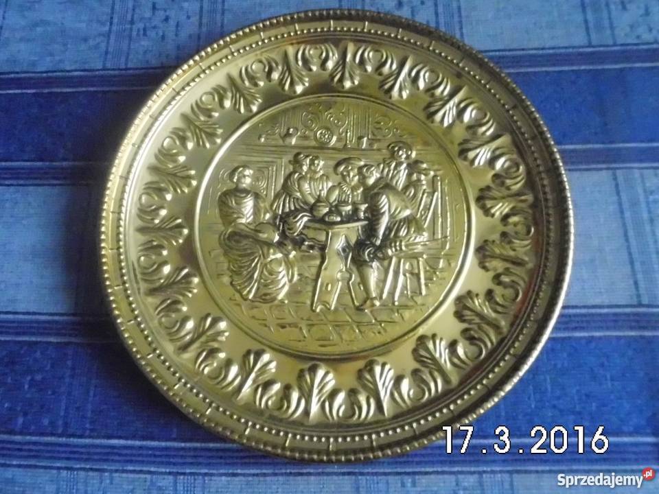 Ładne miedziane 2 x talerz z motywem Pracy Antyki Warszawa