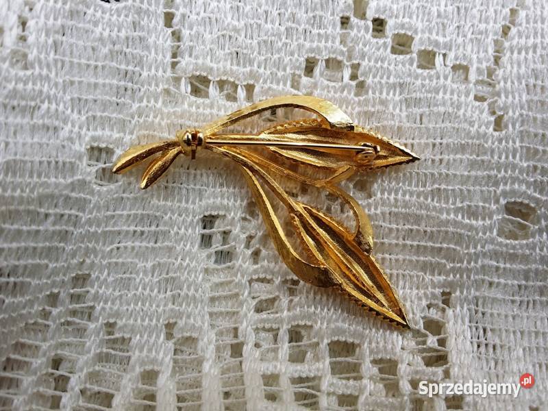Stara angielska broszka złote listki Ozdoby Ochojno