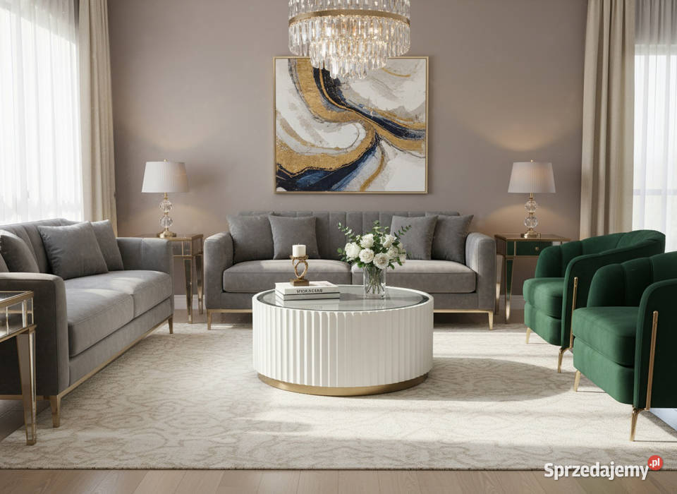 Stolik kawowy ryflowany biały okrągły złoty z Golkowice