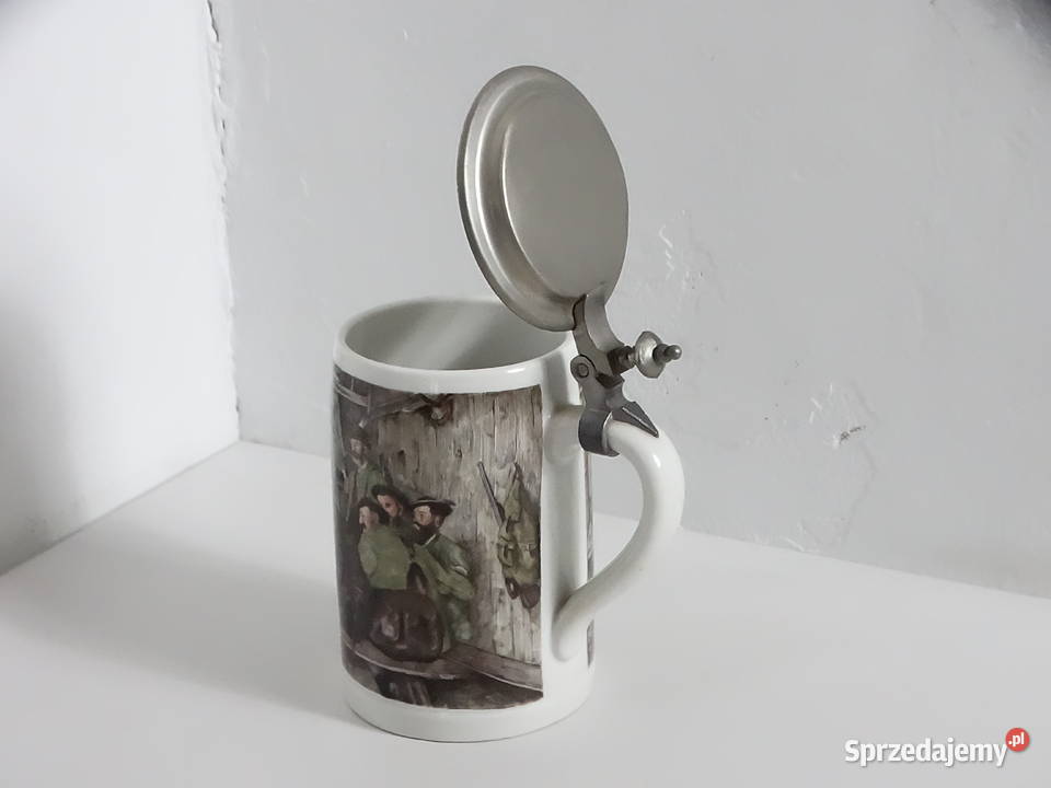 Zabytkowy porcelanowy kufel z cynową pokrywką Szklanki i kufle Biłgoraj