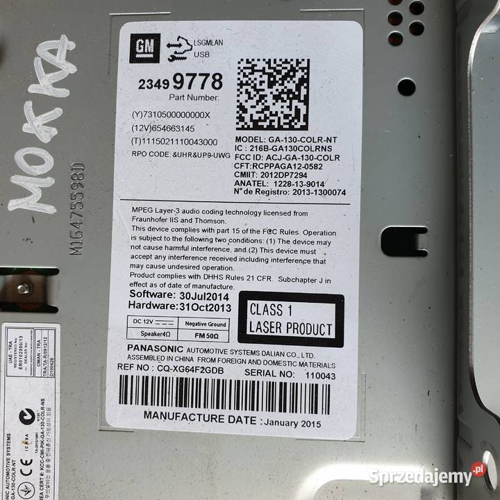 OPEL MOKKA RADIO NAWIGACJA 23499778 kujawsko-pomorskie