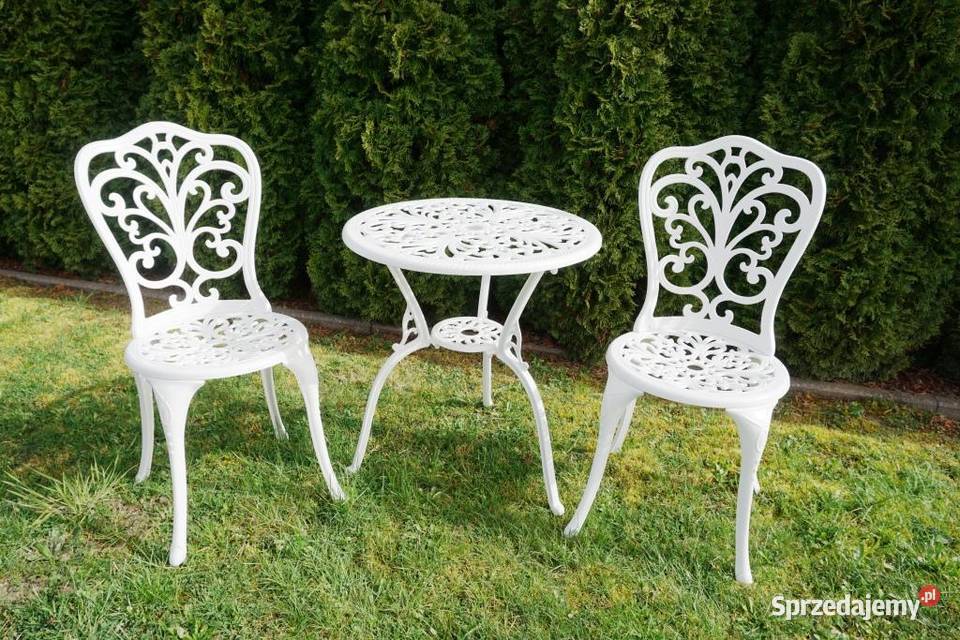 Meble ogrodowe komplet kawowy z ławką białe Tarnów