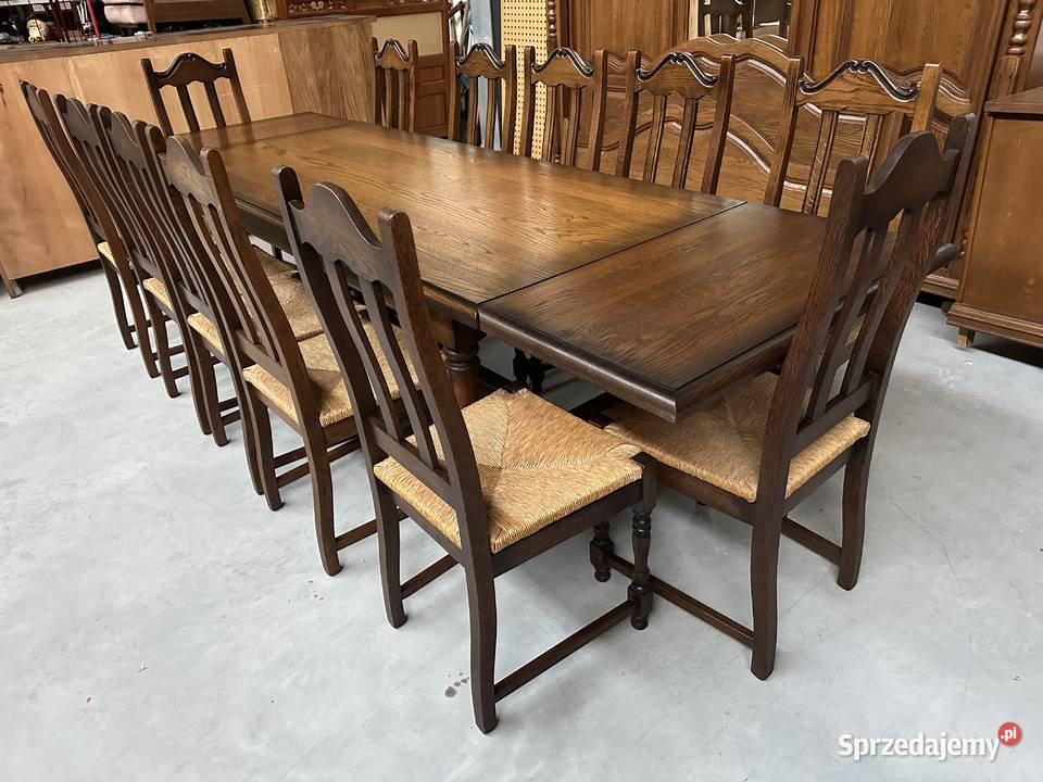 Masywny dębowy stół rozkładany 3m 12 krzeseł 100 Sławoszewek
