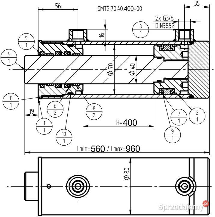 SIŁOWNIK HYDRAULICZNY SMTG 70x40 SKOK 400 Solec Kujawski