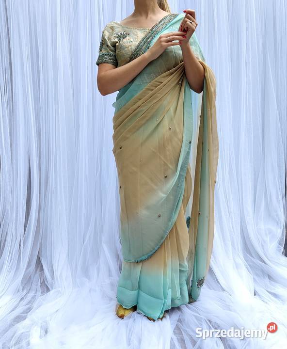 Piękne zdobione sari beż turkus koraliki saree zachodniopomorskie Szczecin