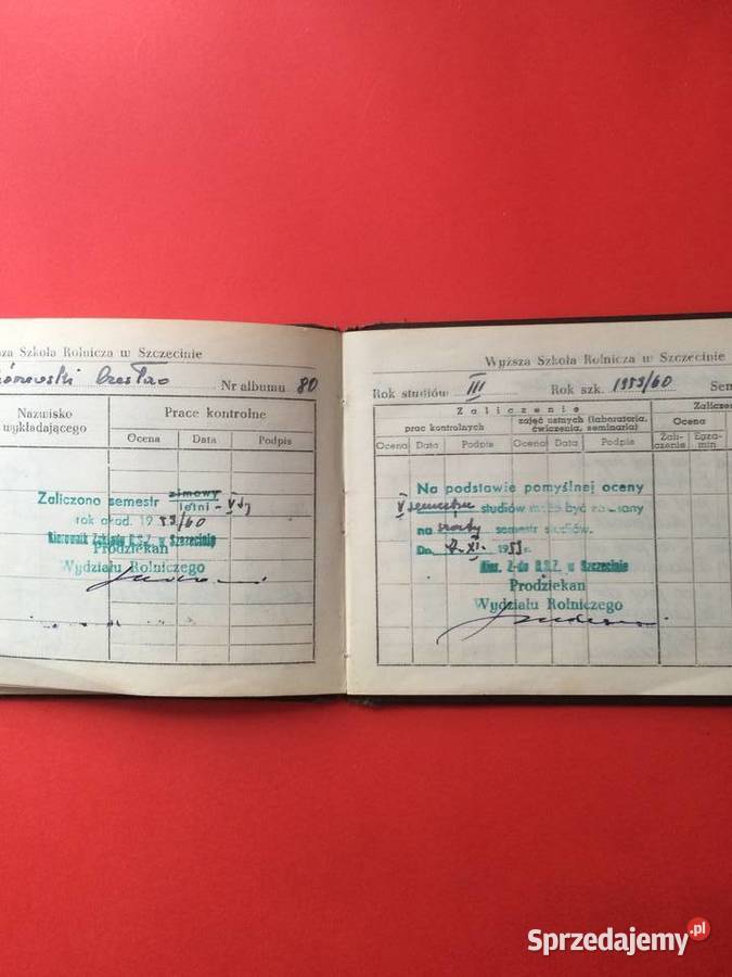 1589 Indeks Wyższej Szkoły Rolniczej Szczecin