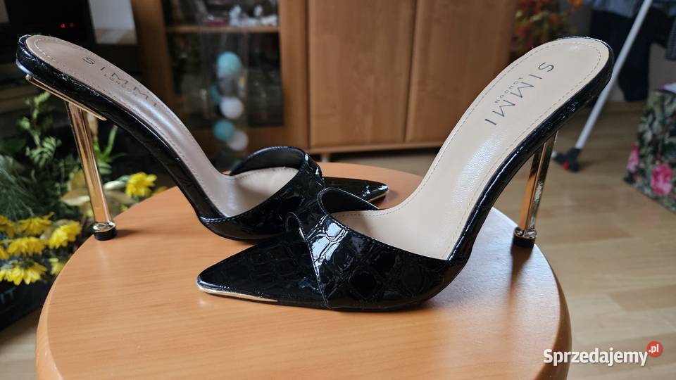 Sexy klapki na szpilce 37 czarne lakierowane zachodniopomorskie Szczecin