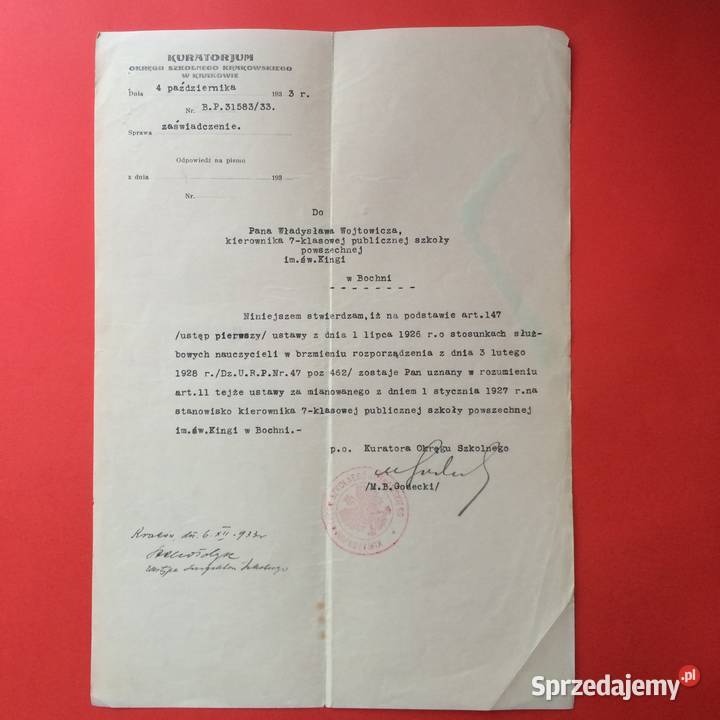 1857 Zaświadczenie Objęcie Stanowiska Kraków