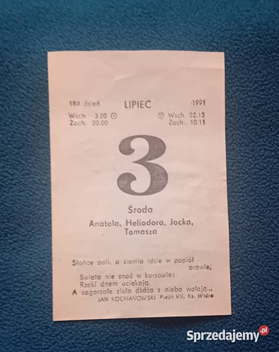 Kartka z kalendarza ściennego zdzieraka 3 lipca Koźminek