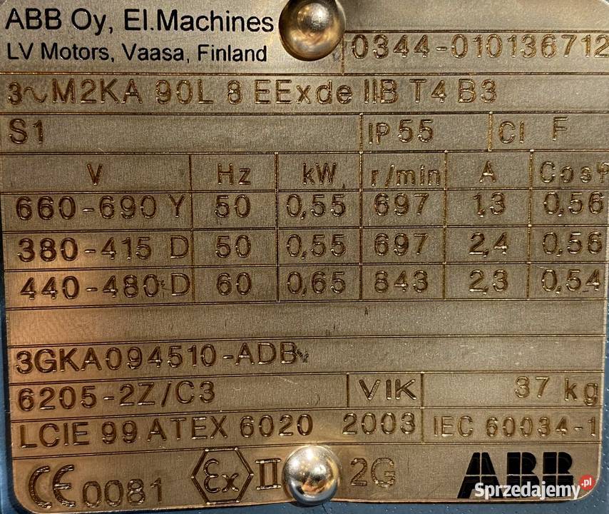 silnik elektryczny 055kW 697obr 3fazowy ABB Ex Pozostałe kujawsko-pomorskie Pigża
