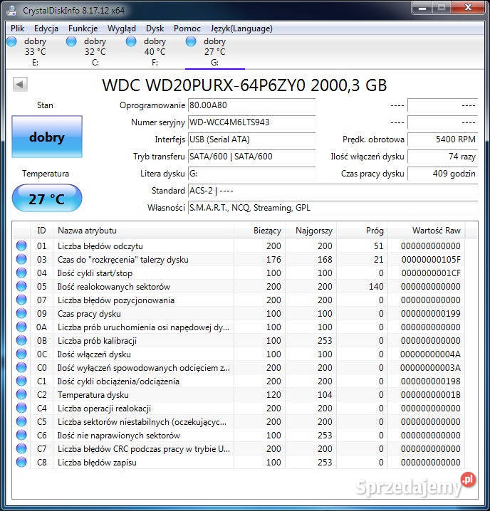 Dysk WD Purple 2TB SATA do monitoringu mało Tomaszów Lubelski