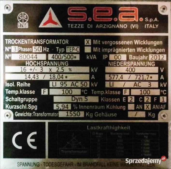 Transformator suchy żywiczny 400500kVA 1604kV Leszna Górna