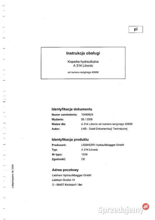 Liebherr A314 Litronic koparka kołowa DTR Książki i Podręczniki Kraków