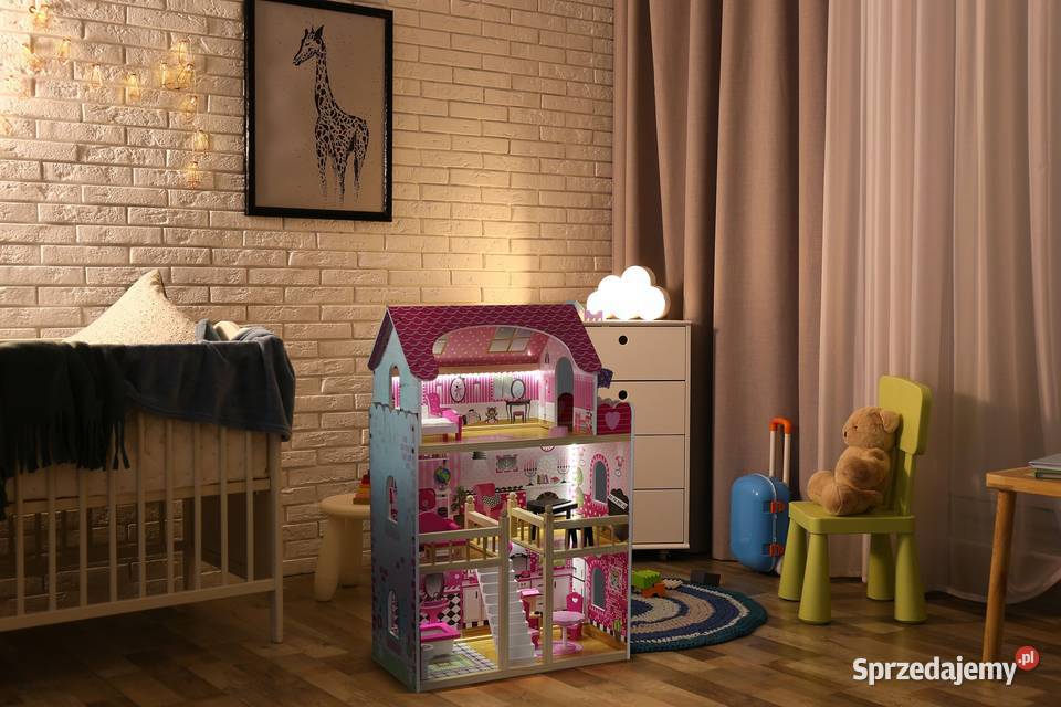 Drewniany domek lalek mebelki oświetlenie LED