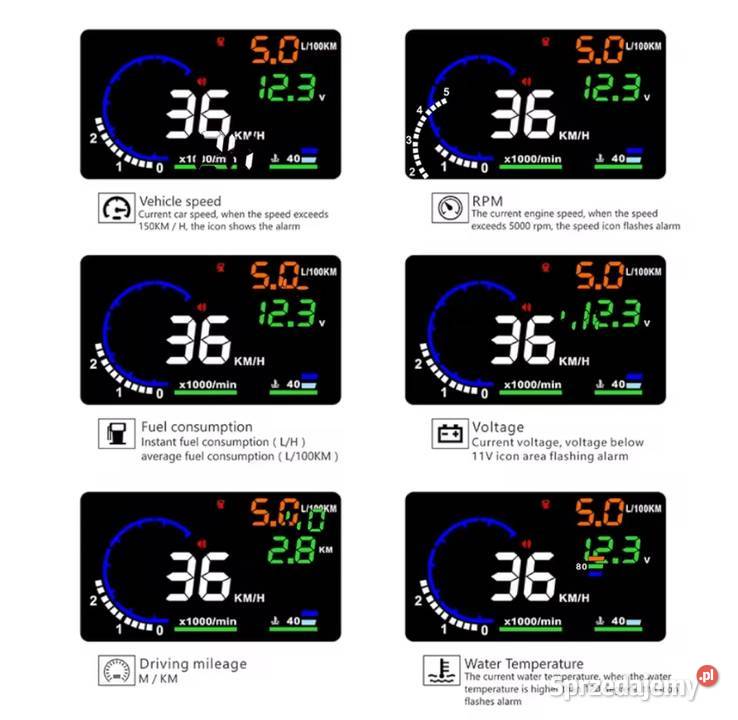 HUD A8 55 OBD2 projektor na szybę LED prędkość Łódź