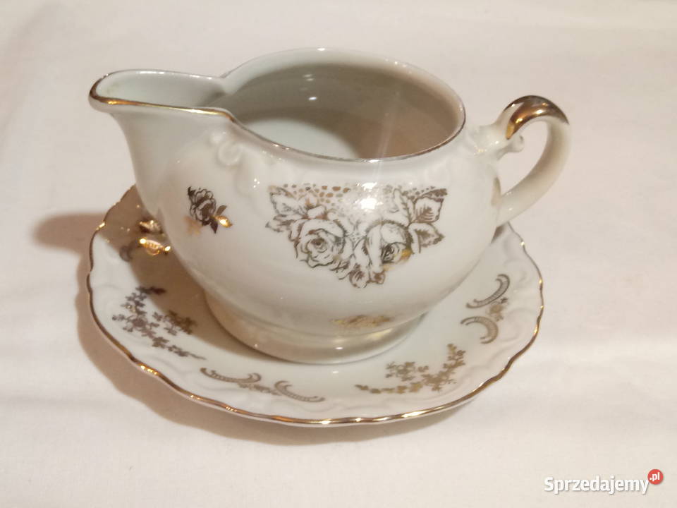 porcelanowy stary mlecznik z talerzykiem