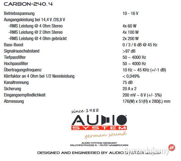 Wzmacniacz samochodowy 4kanałowy Audio System Wzmacniacze Łuszczów Drugi