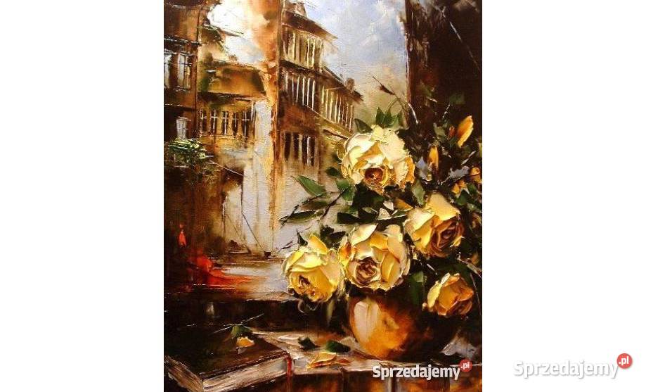 W oknie Obraz olejny 50x40 szpachla róże Krosno Odrzańskie