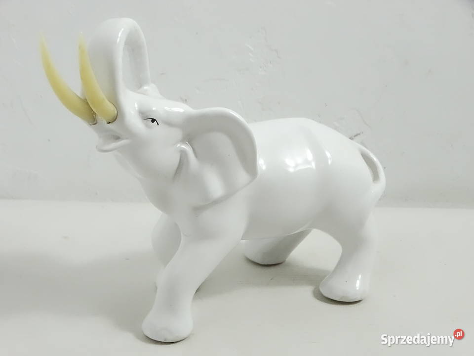 Stary ceramiczny słoń z uniesioną trąbą Vintage Biłgoraj