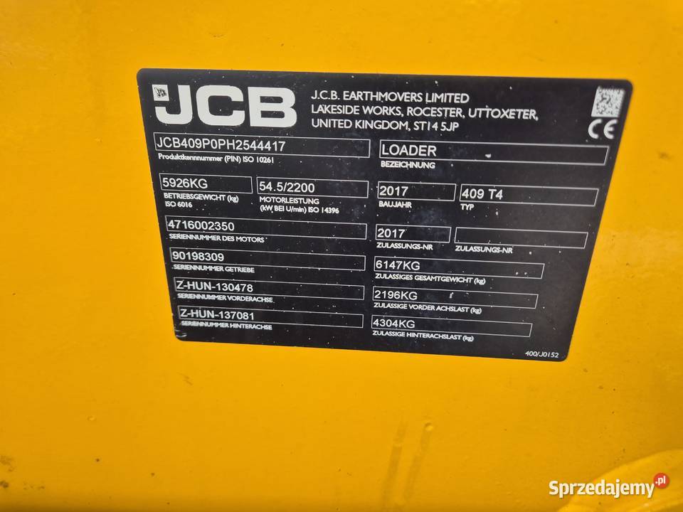 Ładowarka przegubowa JCB 409 2017 Rok produkcji 2017 podlaskie Podgórze sprzedam