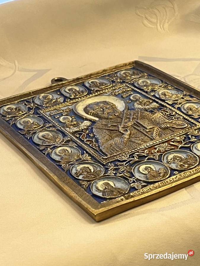 Ikona podróżna z mosiądzu z emalią św Mikołaj Kraków sprzedam