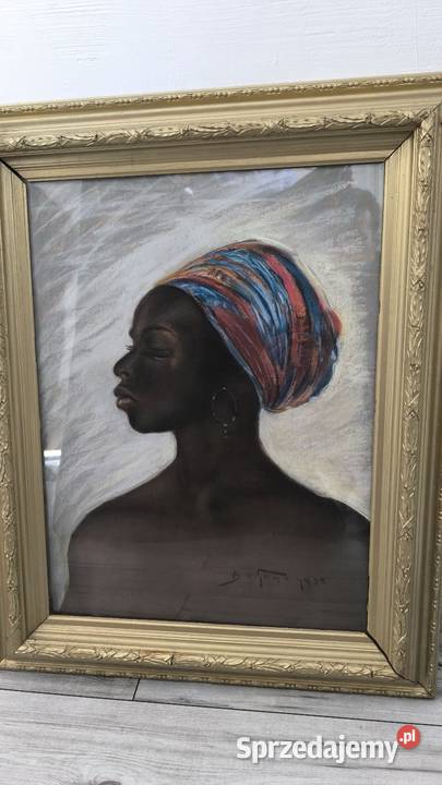 Stary oryginalny obraz pastela porter afrykanki Łódź