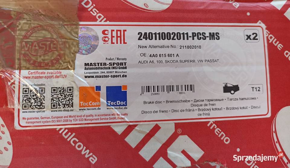 MasterSport Tarcza Hamulcowa Volkswagen Passat osobowe Dąbrowa Górnicza sprzedam