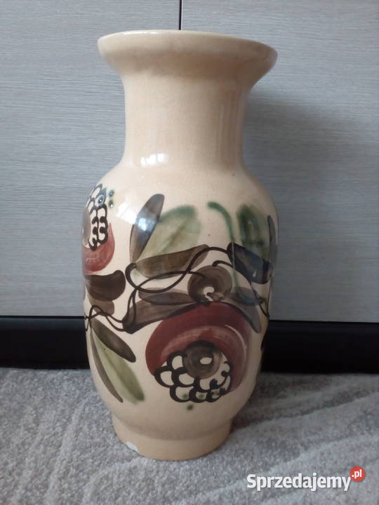 Wazon beżowy malowany kwiaty liście PRL