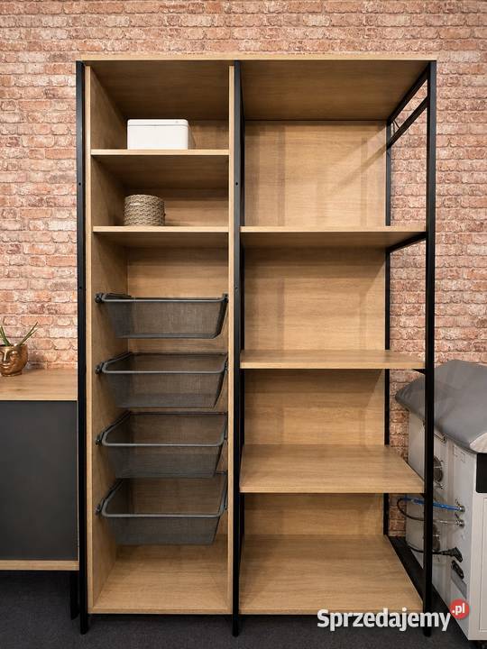 Regał industrialny z koszami metal drewno