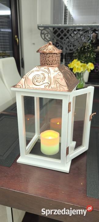 Przepiękny lampion białozłoty wys 48 ze świecą Lampiony i latarnie Legnica
