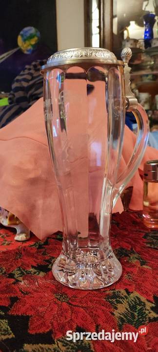 Stary duży kufel kryształowy z przykrywką cynową Wrocław