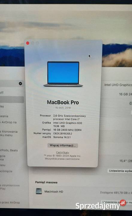 MacBook Pro 154 2018 Touchpad 26GHz Intel Core Warszawa