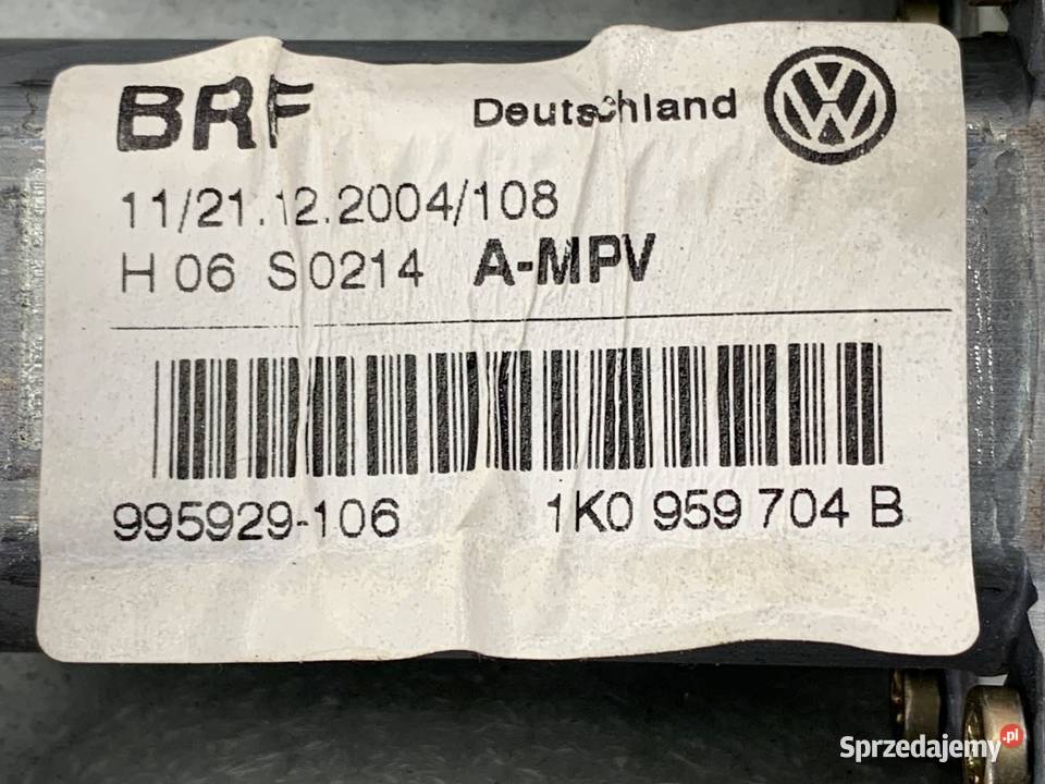 PODNOŚNIK SZYBY PRAWY TYŁ VW TOURAN 1K0959704B osobowe