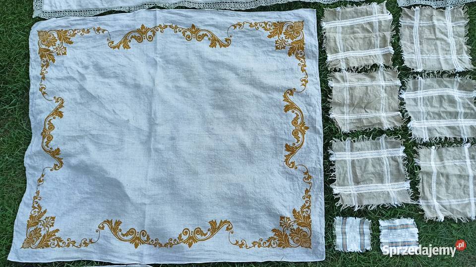Ozdobne lniane haftowane obrusy z serwetkami Wyposażenie wnętrz Wieluń