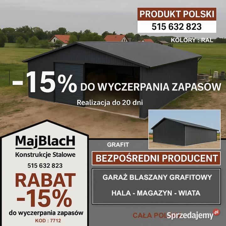 A96Duży Długi Grafitowy Garaż Blaszany 84m2 Brzeg