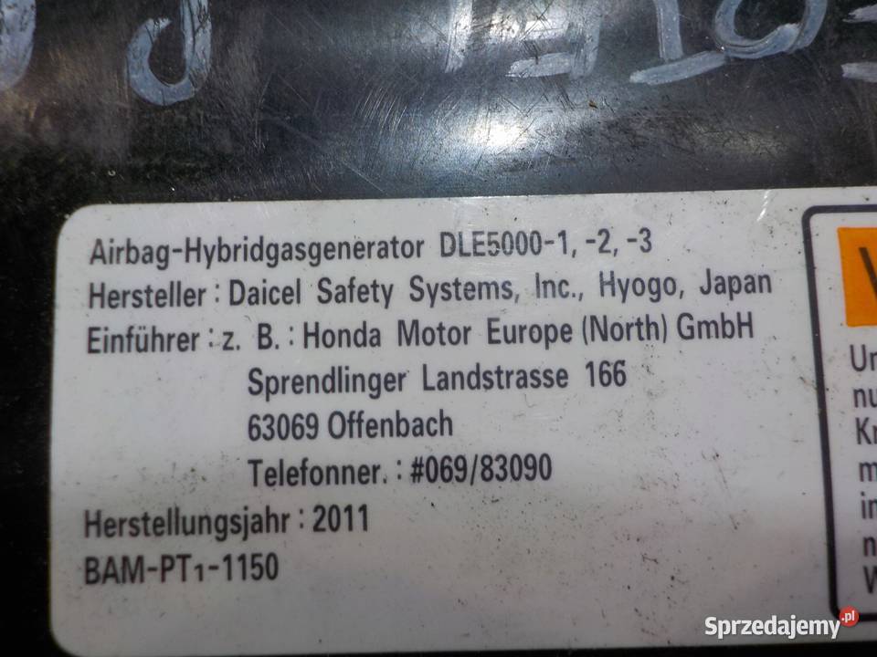 HONDA INSIGHT II 12r HB 5D AIRBAG poduszka osobowe Poduszki powietrzne Suków